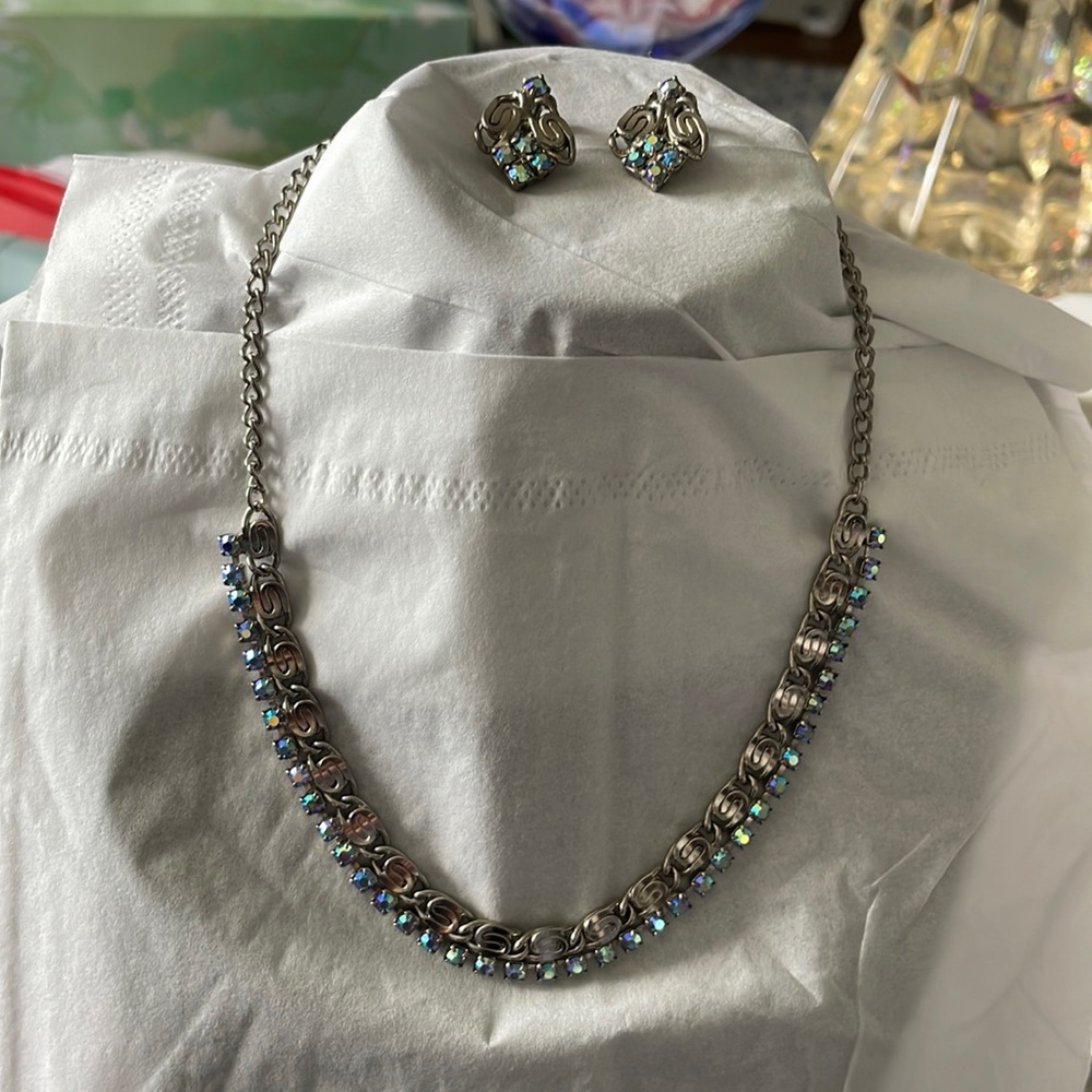 Vintage Aurora Borealis Crystal Choker with matching clip on earrings